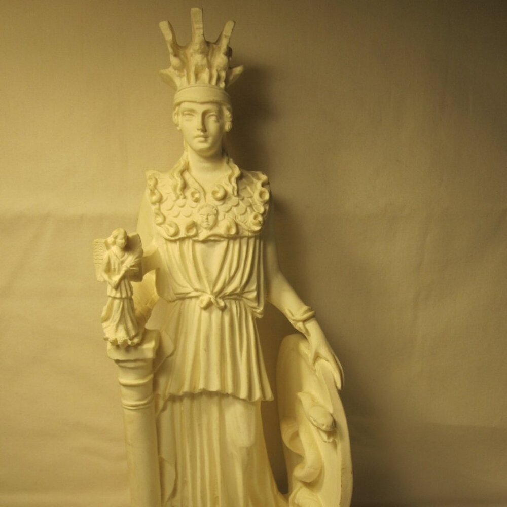 old 10" tall White Statue of Athena - Snake Shield, very detailed